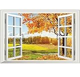 Amtoodopin 3D Fake Windows Wall Stickers Removable Faux Windows Wall Decal Landscape Wall Decor for Livingroom Bedroom (Yellow Leaf 23.6x35.4 inch)