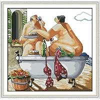 Joy Sunday 11CT Stamped Cross Stitch Kits Cross-Stitch Sewing Patterns Drink Together in Bathtub Embroidery Kit 18.5