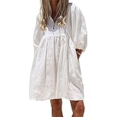 chouyatou Women's Summer Puff Sleeve Cotton Tunic Dress V-Neck Mini Vacation Babydoll Dress