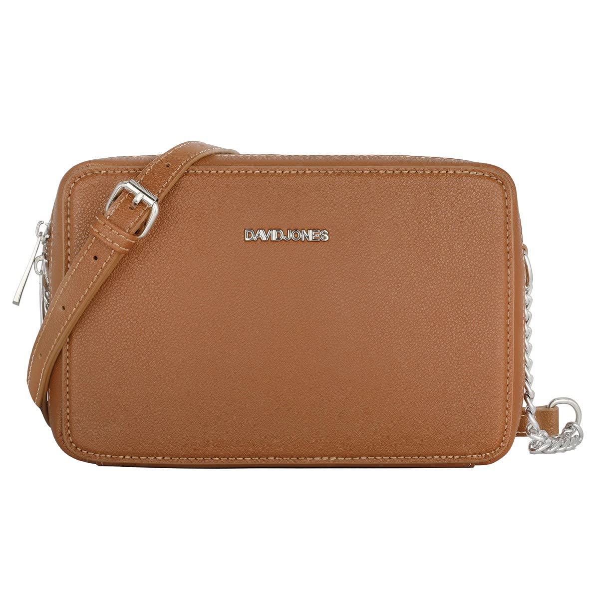 David Jones - Women's Small Square Crossbody Bag - Ladies Chain Shoulder Messenger Bag - PU Faux Leather Zipper Clutch - Little Cute Handbag Fashion Evening Pochette Phone Purse Elegant - Camel Brown