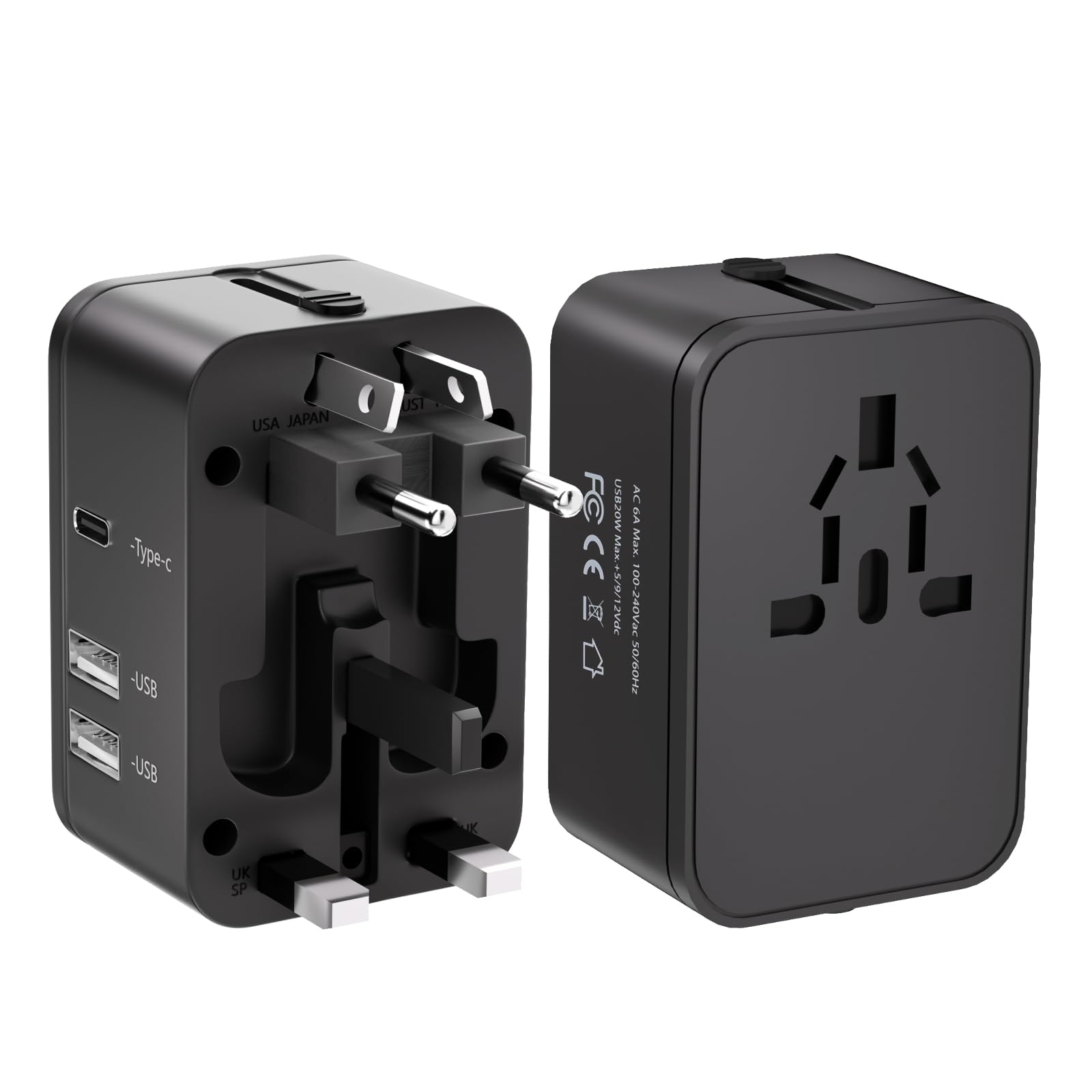 Travel Plug Adapter with 2 USB A+1 USB C,Universal All in One Worldwide Travel Adapter,Power Converters Wall Charger,AC Power Plug Adapter,International Power Adapter for USA EU UK AUS Black