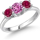 Gem Stone King 14K White Gold Pink Created Sapphire & Red Created Ruby 3-Stone Engagement Ring | 1.05 Cttw | Round 5MM and 4MM | 3 Stone Wedding Anniversary Promise Ring For Women