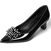 DUWEIDU Kitten Heels for Women Comfortable Slip On Leather Rhinestone Pointed Toe Womens Pumps Dress Shoes for Party Wedding