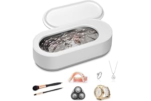 EQUEEN Jewelry Cleaner, 45KHz Ultrasonic Cleaner with 304 Stainless Steel Tank 12oz, Ring Cleaner Ultrasonic with One-Touch Operation, Glasses Cleaner Machine for Glasses, Rings, Necklaces, Dentures