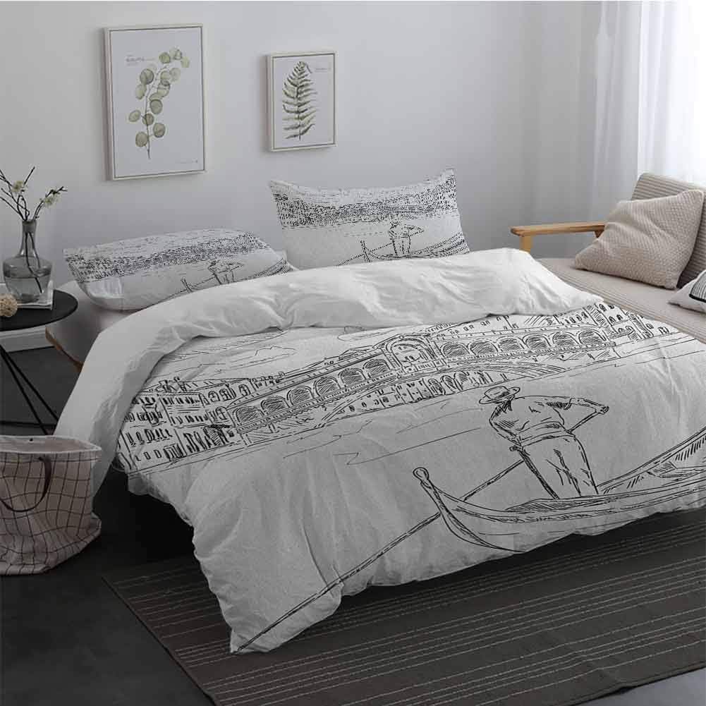 Printed Pattern Soft Cozy and Durable Bedding Set Venice Rialto Bridge with Gondola Romantic Italian Landmark Inspired Sketchy Cityscape 3 Piece(1 Duvet Cover+2 Pillowcases) Black White Twin