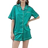 Night Poem Women's Satin Pajama Set, Button Down 2 Piece Silk Pjs with Bias Binding and Eye Mask