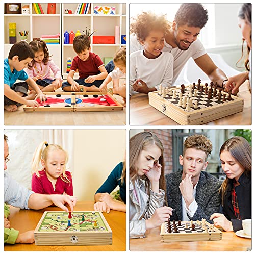 3-in-1 Chess Board Set, Foldable Large Size Sling Puck Game, Table Top Snake and Ladder Board Game, Foosball Winner Wooden Game Toy for Adults Kids Family
