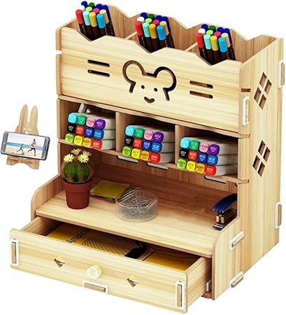 Amazon Com School Supply Storage Diy Wooden Desk Organizer With Drawer Pen Holder Box Desktop Stationary For Students Home Improvement