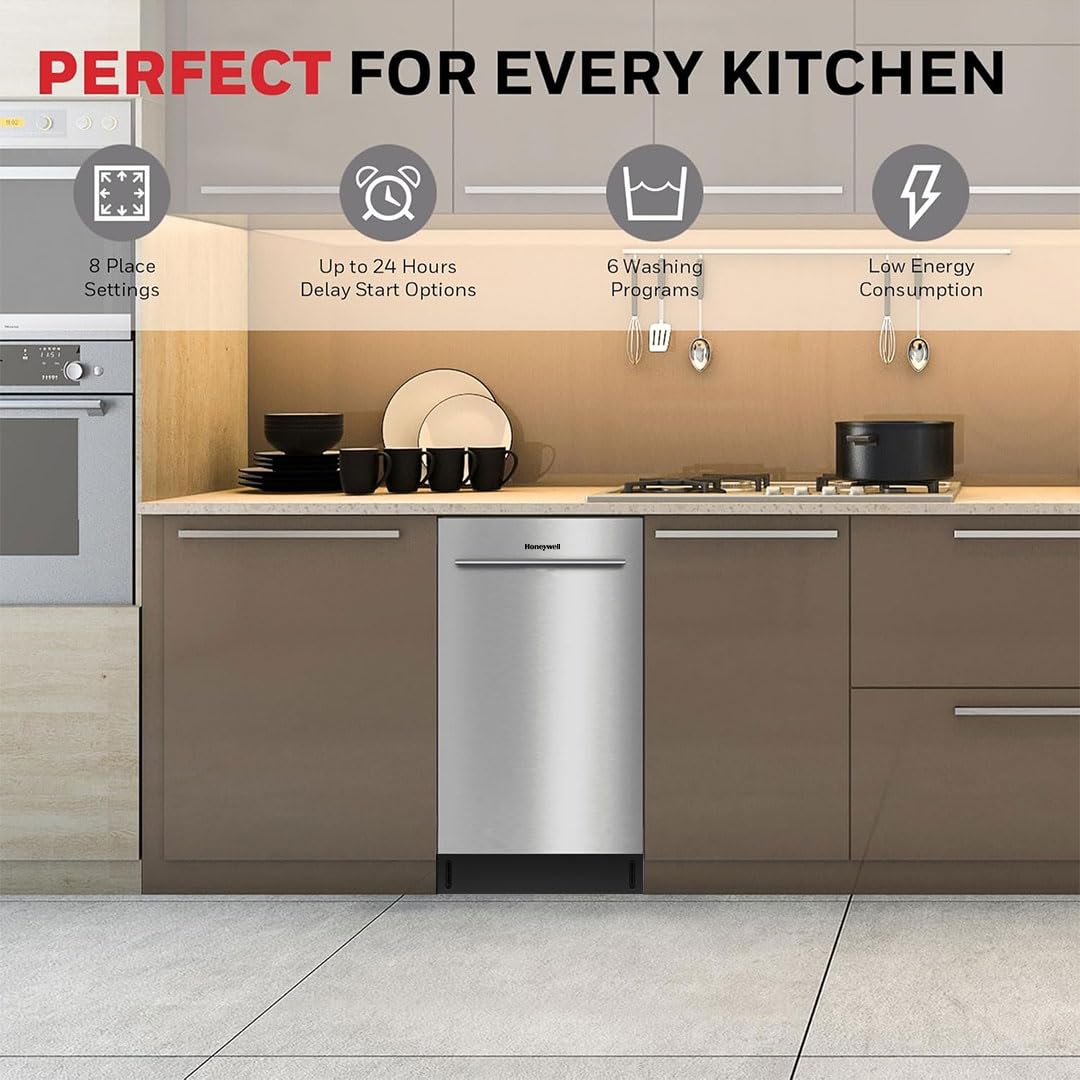 Honeywell 18 Inch Dishwasher with 8 Place settings, 6 Washing Programs, Stainless Steel Tub, UL/Energy Star- Stainless Steel