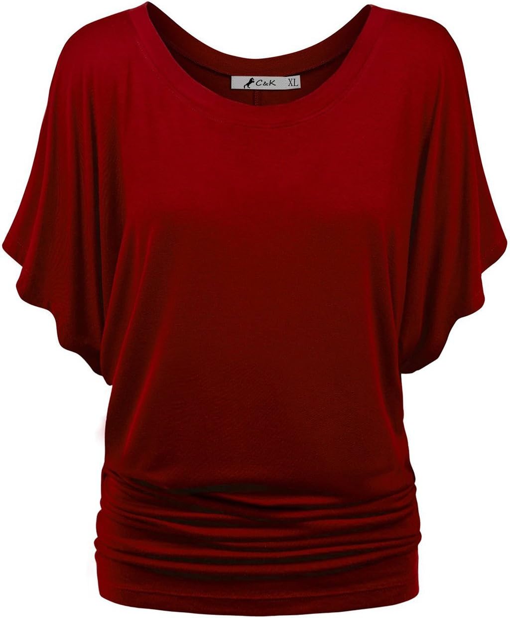 CK Womens Short Sleeve Fold Waist Dolman Drape Top Blouse Tshirt (XL, Wine)