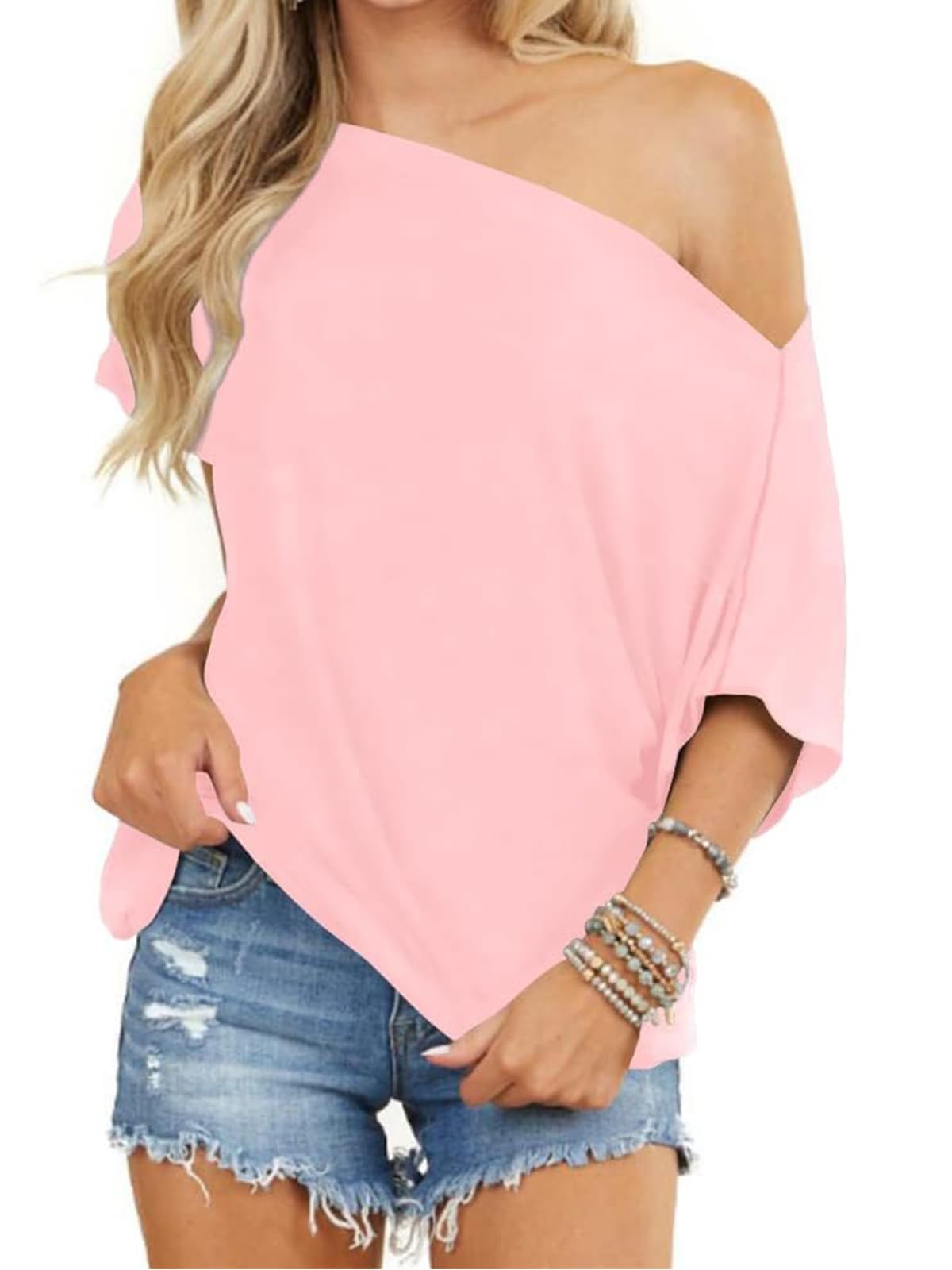 Photo 1 of (SMALL) (BAGGED) Eniloyal Off The Shoulder Tops for Women Short Sleeve Trendy T Shirts Loose Batwing Summer Going Out Oversized Blouse Tunic Pink SMALL