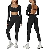 ABOCIW Workout Sets for Women 2 Piece Seamless Backless Long Sleeve Crop Top High Waisted Leggings Gym Sets