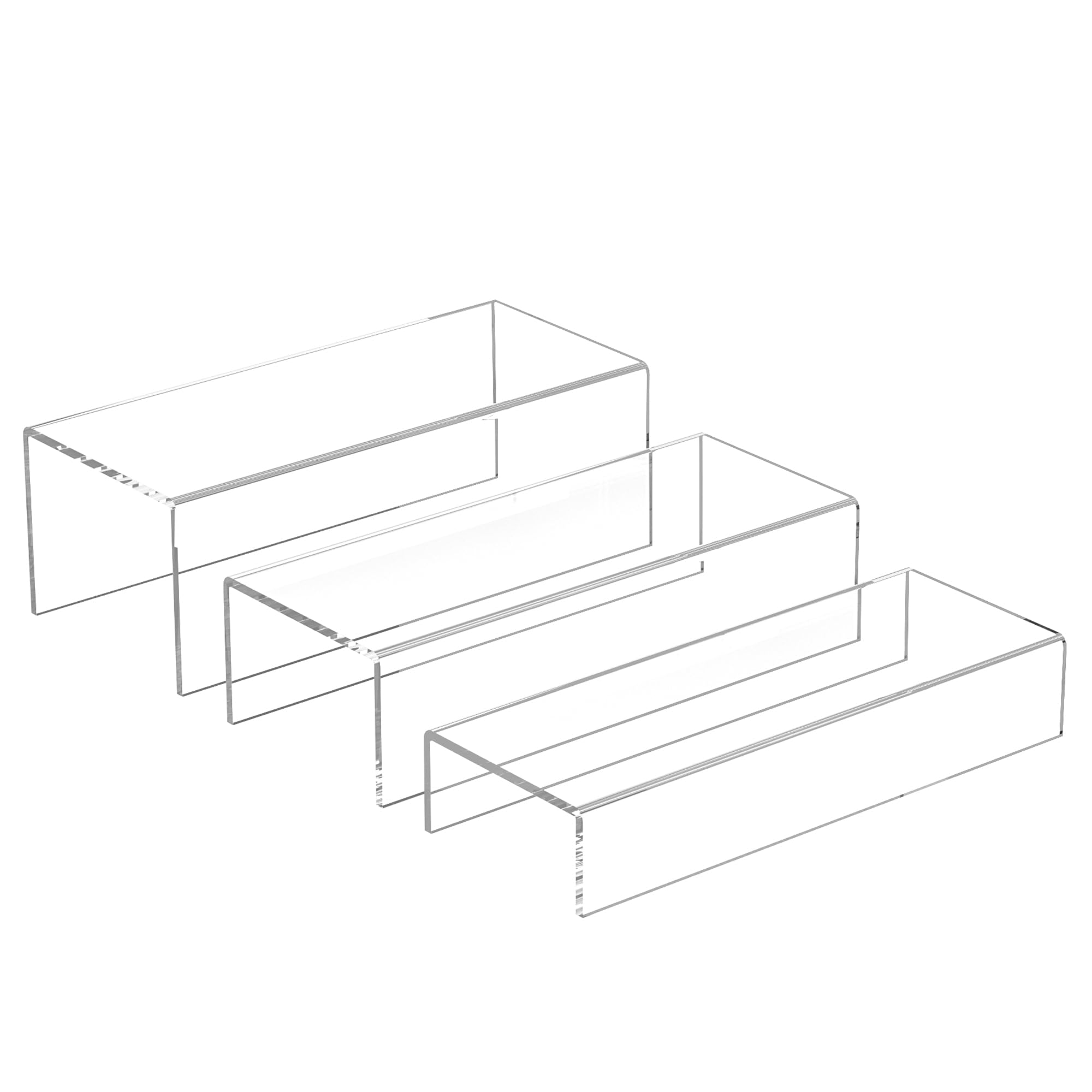 Sezanrpt Clear Riser Display Shelf 3pcs, Desktop Rectangular Acrylic Display Shelves Storage Organizer, Acrylic Stands for Funko Pop Figure, Bags - 12-2'', 3'', 4''