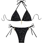 Falainetee Women's Shiny Halter Bathing Suit High Waist Metal Jewelry Summer Swimsuit Bikini Set