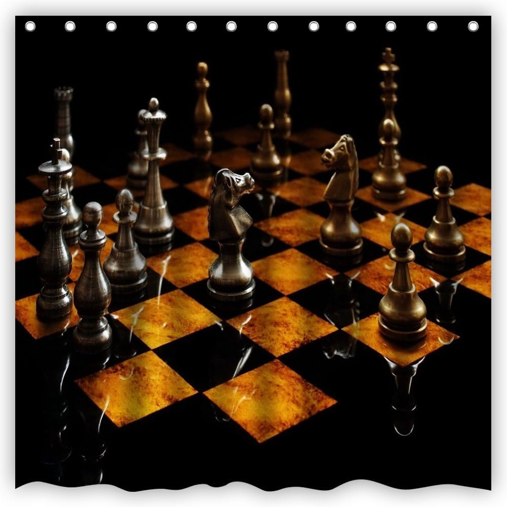 Atwtow Beautiful Dark Metal Chess Pieces Golden Black Retro Art Custom Gift Bathroom Shower Curtain,72-Inch by 72-Inch,Unique and Generic Waterproof Polyester Fabric Decorative Bath Curtain Designs