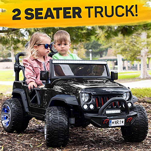 2019 Two (2) Seater Ride On Kids Truck w/ Remote Control | Large 12V Power Battery Licensed Kid Car to Drive w/ FM Radio, 3 Speeds, Leather Seat, Foam Rubber Tires - Carbon Black