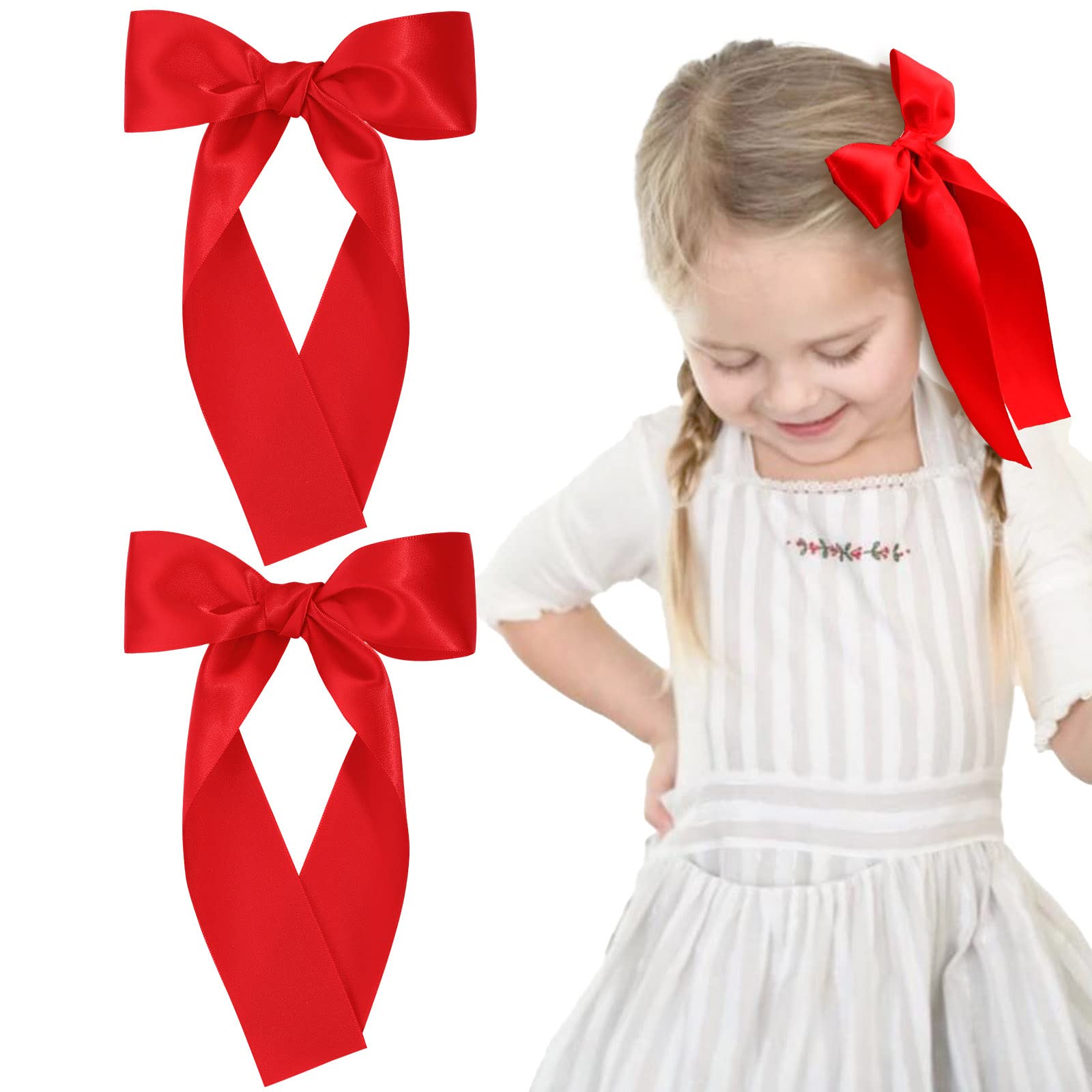 Photo 1 of 2Pcs Long Ribbon Hair Bows for Girls Hair Clip Silk Hair Bow Ribbon Hair Accessories for Baby Toddlers Infant Teens Kids (Red)