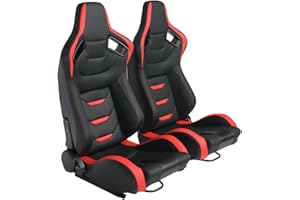 WTRAVEL Racing Seats 2 Pcs Reclinable Bucket Seats with 2 Sliders Adjustable PU Leather Seats Universal Sport Seats for Cars (Black Red, 36.6"×21.2"×21.6")