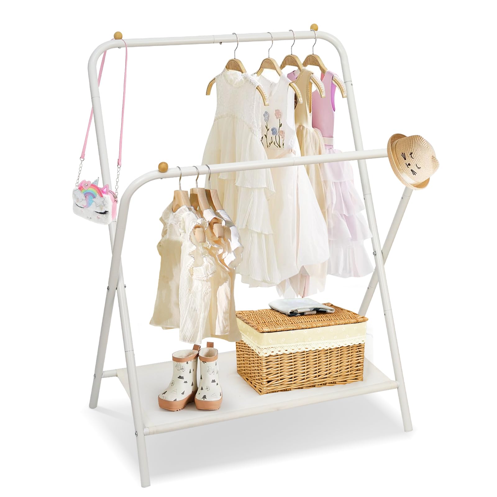 Photo 1 of YGJT Kids Clothing Rack 2 Rods, Dress Up Storage for Little Girls with Bottom Storage Shelf, Cute Toddler Wardrobe Cloest Garment for Hanging Coat, Dance Costume, Dresses, Clothes in Bedroom, White