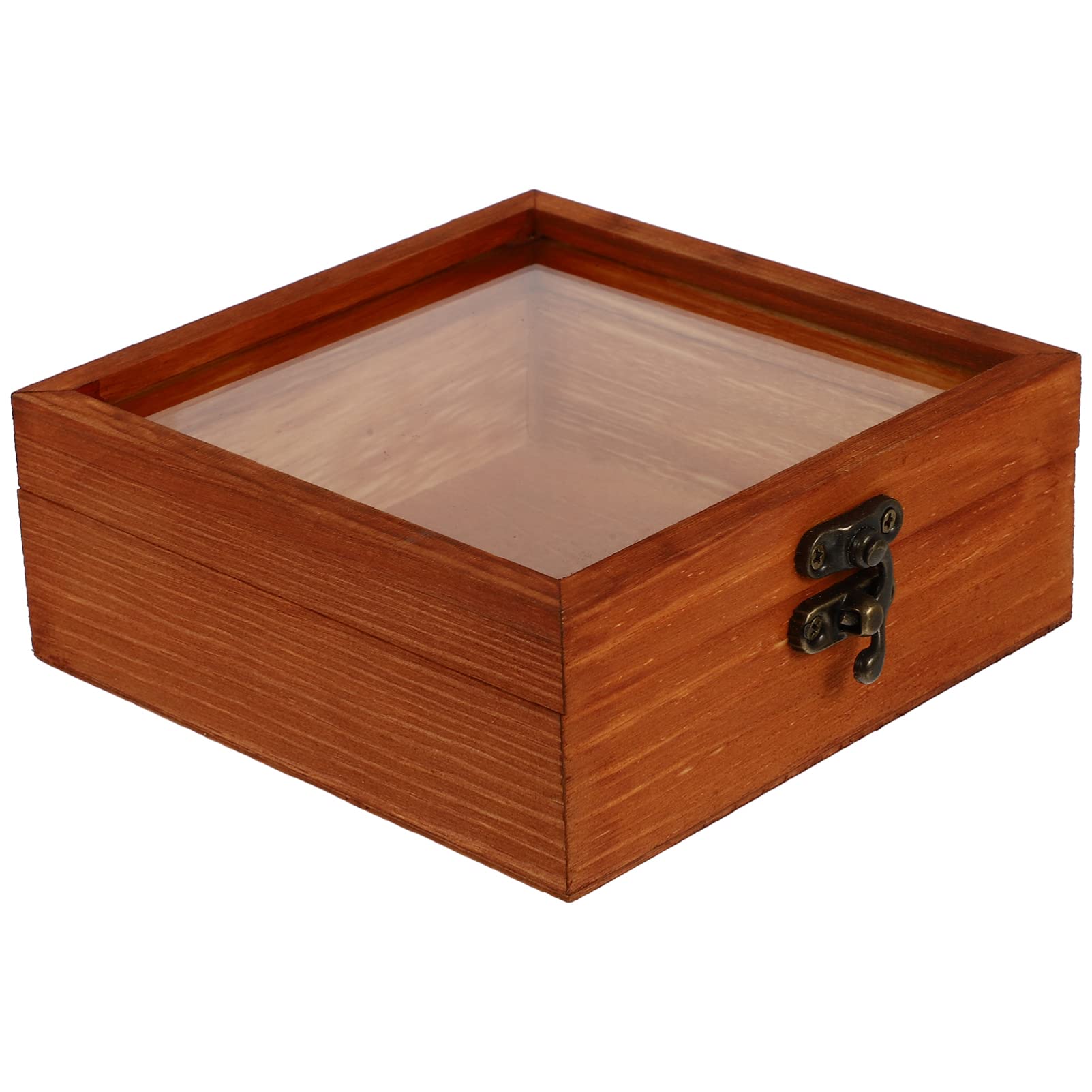 Cabilock Small Solid Wooden Box with Clear Glass Window 4.7X4.7X2 Inches Jewelry Display Case for Home and Shop Organizer