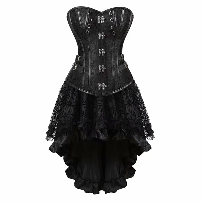 aizen Damen Gothic Steampunk Schädel Korsett Kleid Spitze Kostüm Burlesque Vollbrust Corsagen Leder Retro Gothic Halloween