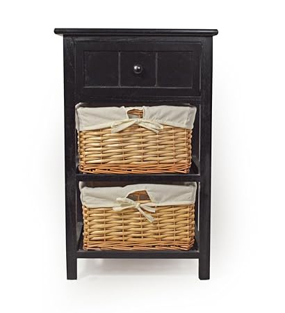 Black Shabby Chic Tall Bedside Table Unit With Wicker Storage