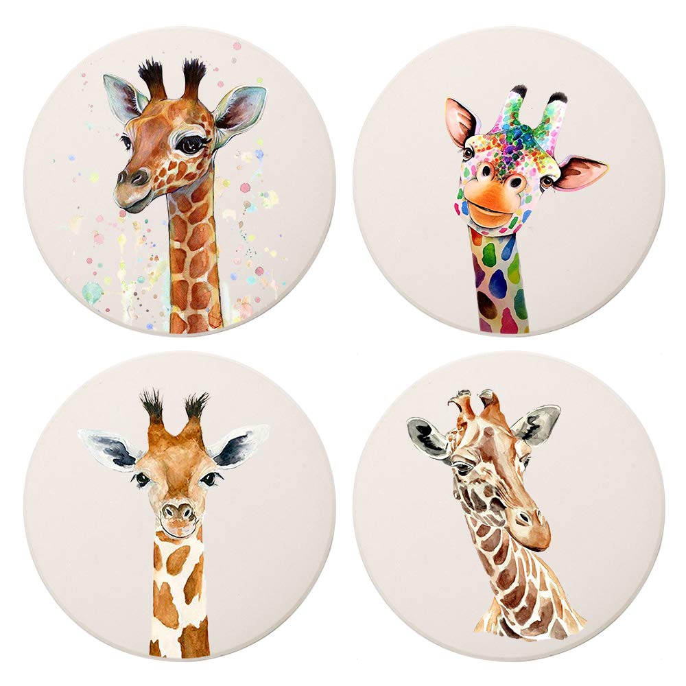 MAYCARI Art Giraffe Coasters Set of 4 with Cork Base Protection, Personalised Cute Round Drink Absorbent Stone Coasters Mug Set Giraffe Gift for Kinds of Mugs and Cups
