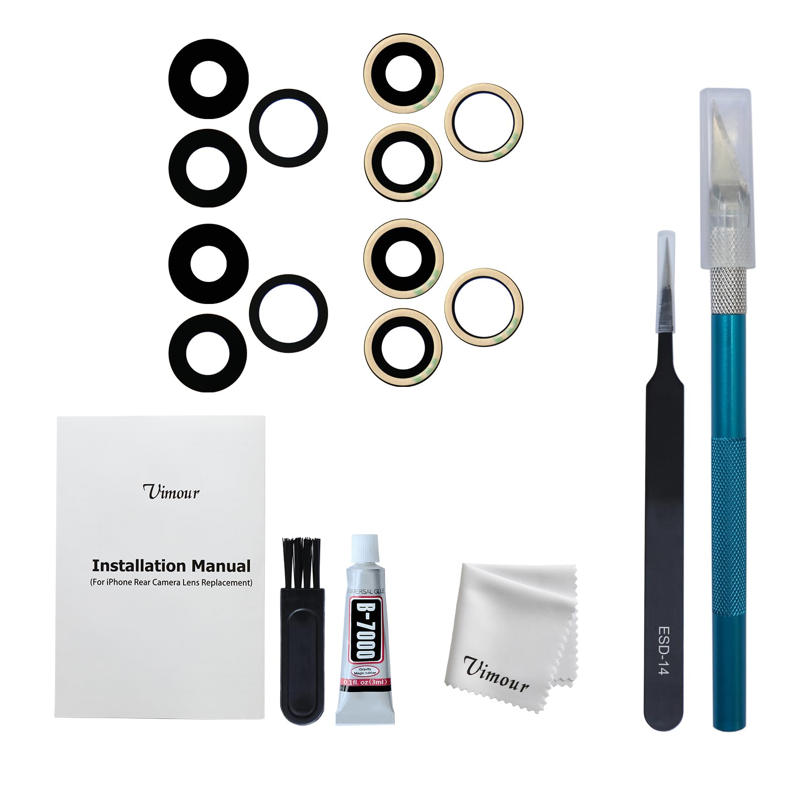 Photo 1 of Vimour 2 Packs Rear Camera Lens Glass Replacement Kits for iPhone 14 Pro & 14 Pro Max Pre-Installed Adhesive with Installation Manual and Repair Tools