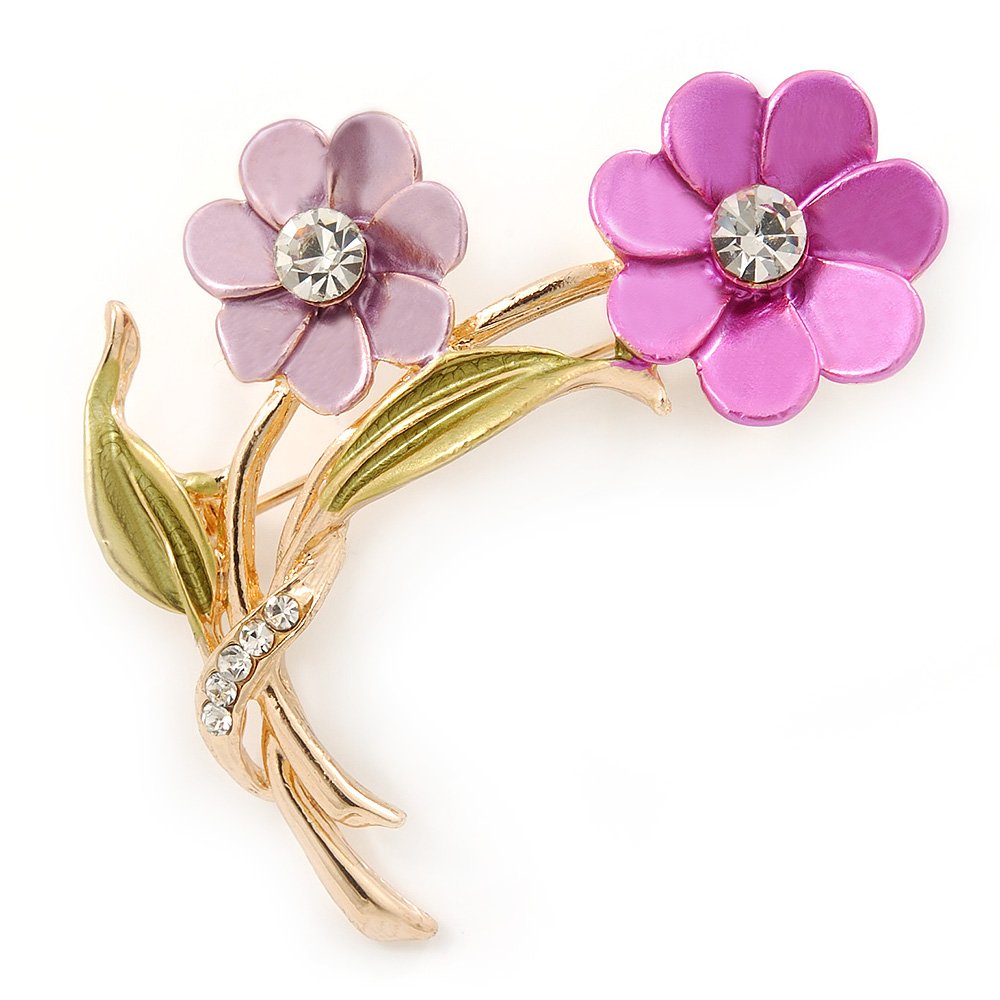Pink/Magenta/Olive Two Daisy Floral Brooch - 50mm L