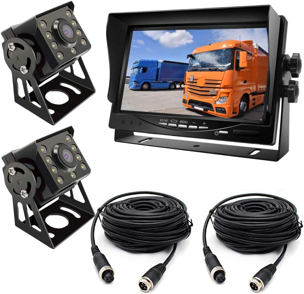 Reversing Camera Kit,2 x 8LEDs 120 °Wide Angle IR night vision Waterproof rear view camera with 15M cable + 12V-24V 7" TFT HD LCD Car Monitor for Large Truck/Bus/RV/Trailer/Tractor/camper