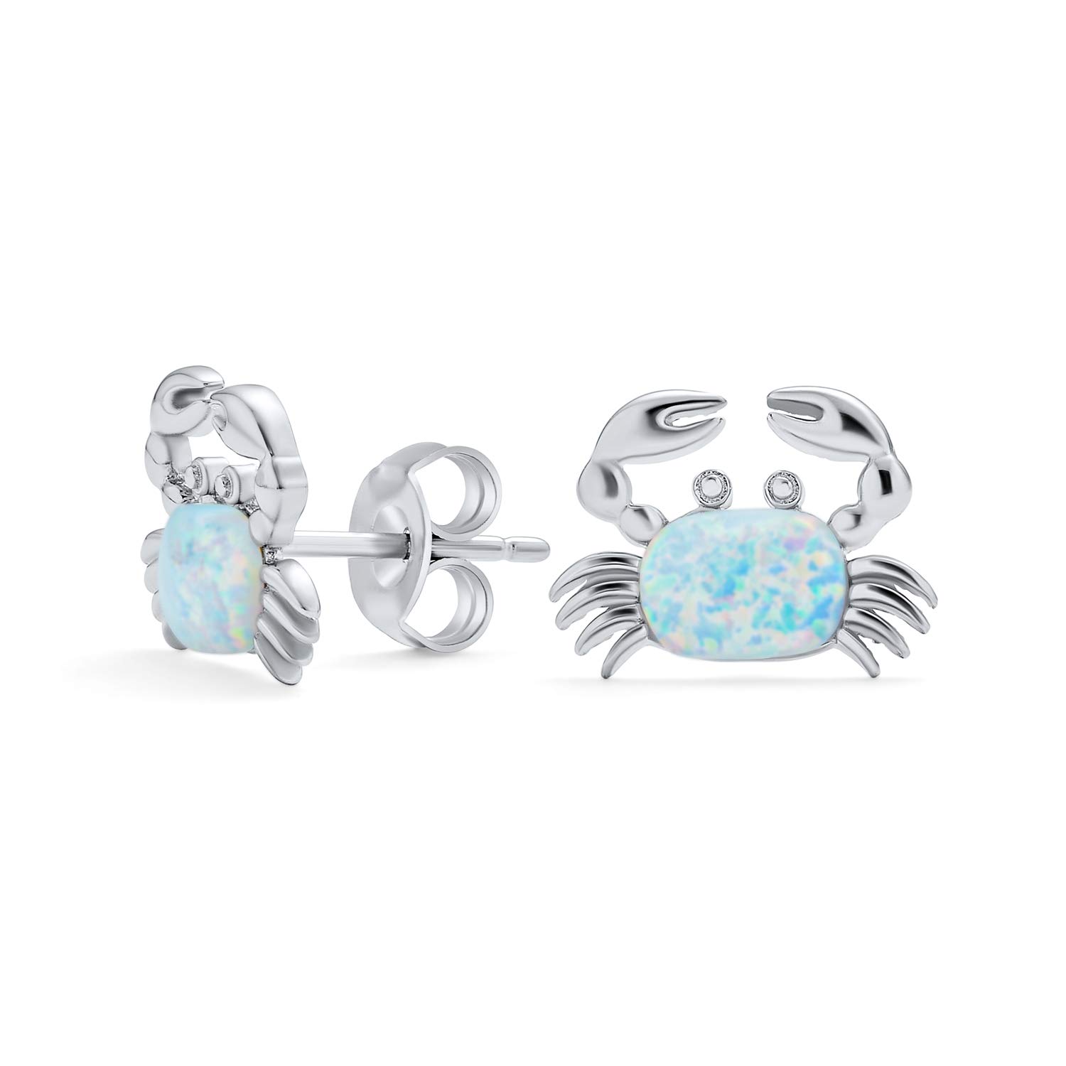 Small Gemstone Tropical Vacation Nautical Created White Opal Beach Sand Crab Stud Earrings For Women .925 Sterling Silver October Birthstone