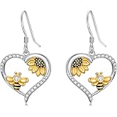 Bee Heart Earrings for women 925 Sterling Silver Bee Sunflower Dangle Birthday Christmas Gifts for Women