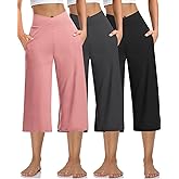 Kivdol 3 Pack Womens Wide Leg Yoga Capris Crossover High Waist Casual Capri Pants Loose Soft Pajama Pockets Sweatpants