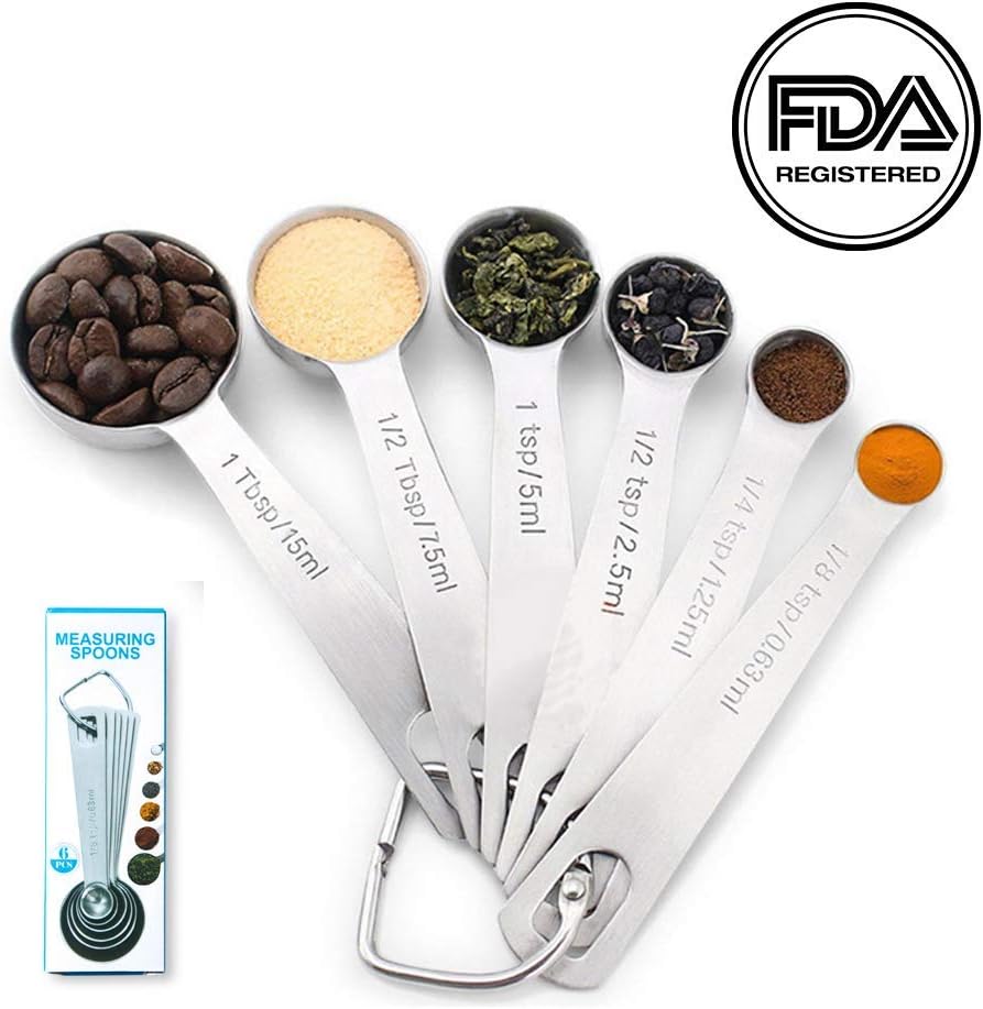 Measuring Spoons Set of 6, Stainless Steel Measuring Spoons Measuring for Dry and Liquid Ingredients, Suitable for Home, Kitchen, Baking, Cooking, Fitness，Kitchen Essential Silver