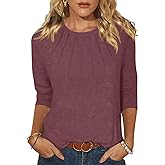 EADINVE Womens 3/4 Length Sleeve Tops Crewneck Pleated T-Shirts Casual Fall Tunic Tops Basic Trendy Clothes