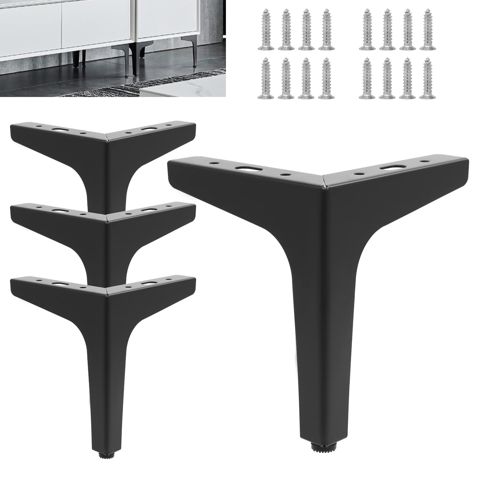 Wkmamo 4 Pcs Metal Furniture Legs,10cm/15 cmHeight Sofa Legs,Modern Metal Triangle Furniture Feet DIY Replacement for Cabinet,Wardrobe,TV Cabinets,Drawers (6 inch（15cm）, Black)