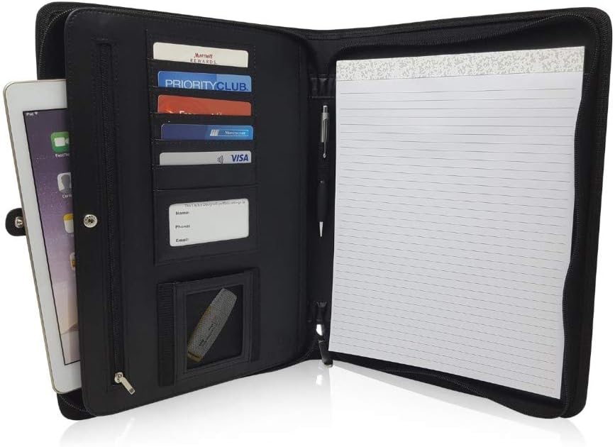 Matte Black A4 Document Folder, PU Leather Conference Folder Portfolio, Zippered Organiser for Men & Women with A4 Notepad - Image 4