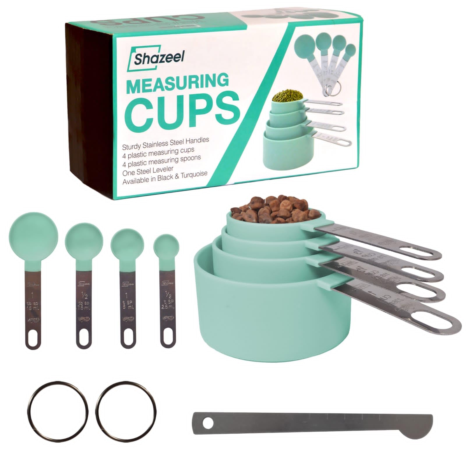 9 Pcs Measuring Cups and Spoons Set - Plastic 4 Measuring Cups and 4 Measuring Spoons with Non-Bendable Stainless Steel Handles & 1 leveller - Cups Measurement Set for Liquids and Solids - Turqouise