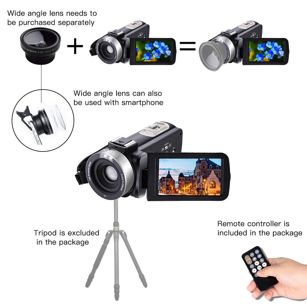 COMI Camcorder With MIC Night Vision Camera Full HD 24.0MP 1080p Webcam 3” Touchscreen Digital Video Recorder External Microphone (HDV-M61-FBA)