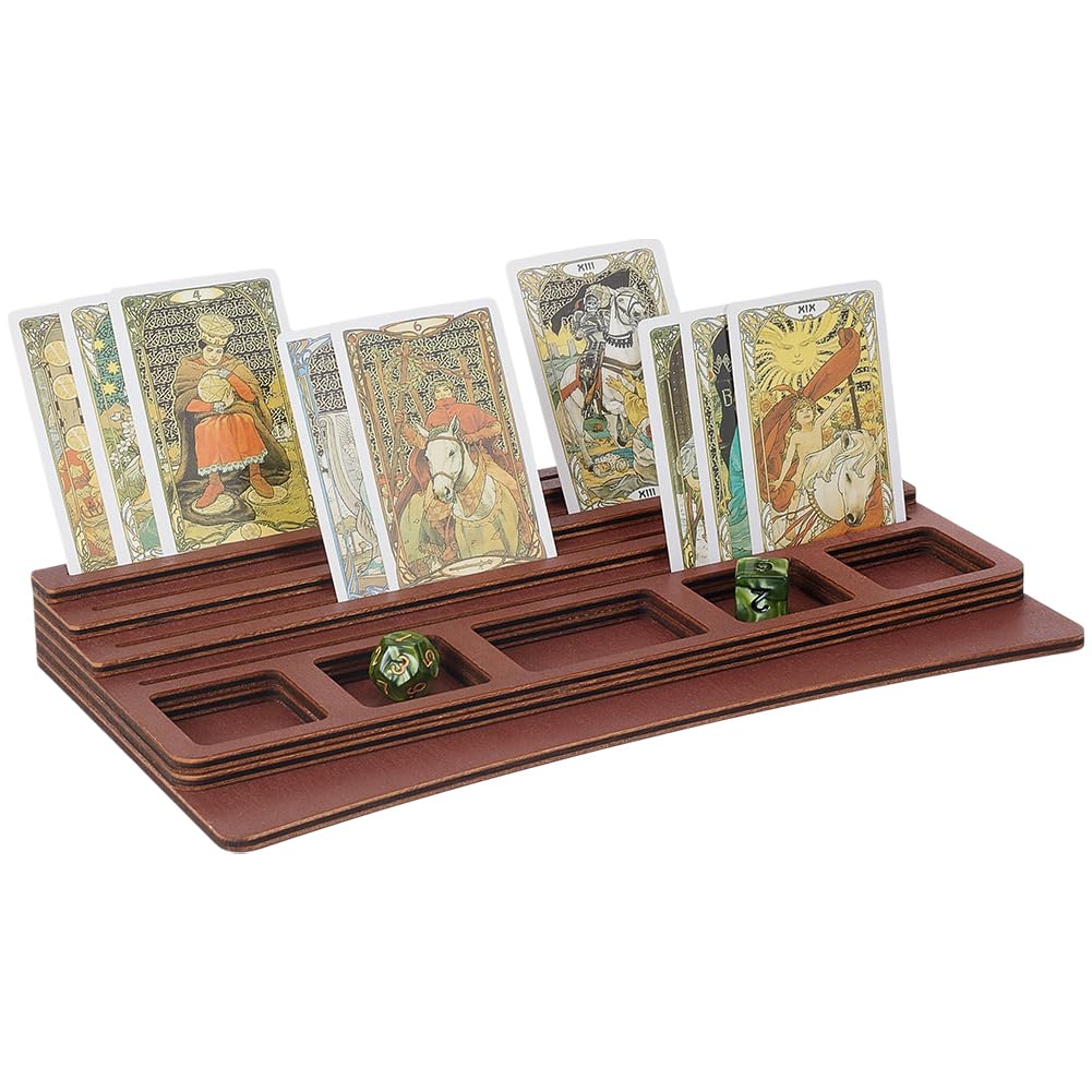 UNICRAFTALE Wood Board Game Card Holder with Tray Brown Tabletop Gaming Card Rail Dark Gray Tarot Gift Tray Display Cards Tarot Witchcraft Holder for Game Card Coin Dice 28x15x3cm