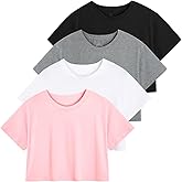 Xelky Womens Crop Casual Tops Tshirt Cotton Loose Workout Short Sleeve Round Neck Tee Yoga Running Shirts 4 Pack