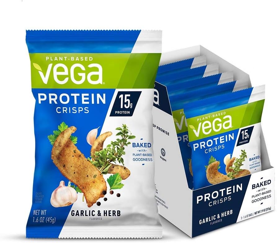 Vega Protein Crisps Garlic & Herb (5Count, 1.6 oz Bag) - Vegan, Gluten Free Snack, Plant Protein, Non Dairy