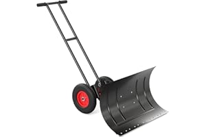 Heavy Duty Wheeled Snow Shovel Pusher - 29" W x 18" H Steel Blade with Adjustable Angle & Height, Double Pole Design for Effo