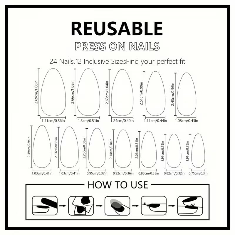 French Press On Nails Almond White Tip Acrylic Fake Nails, 24pcs