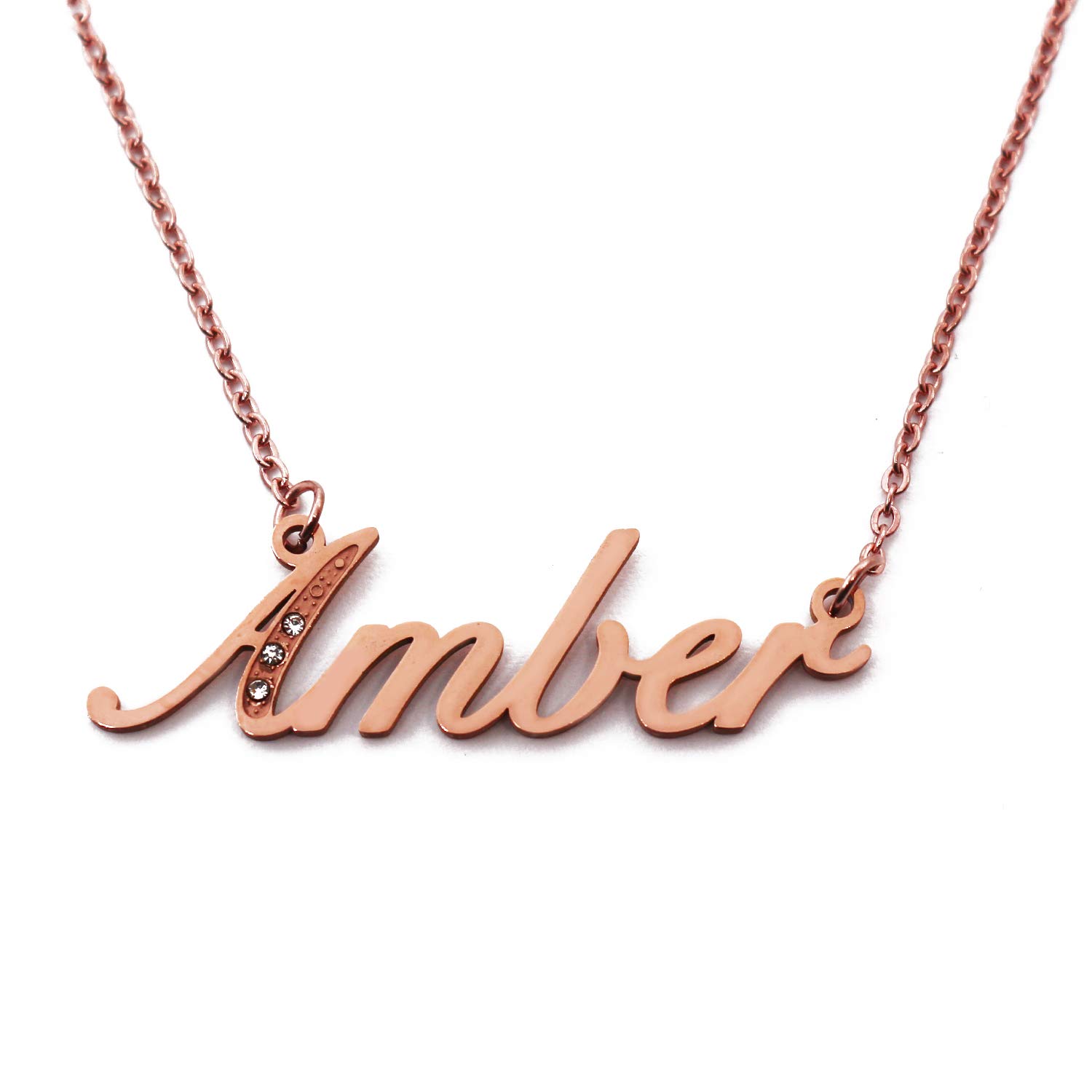 Amber Italic Personalised Name Necklace With Cubic Zirconia Rose Gold Plated , Custom Dainty Name Pendants, Jewellery for Ladies, Girlfriend, Mother, Sister, Friends
