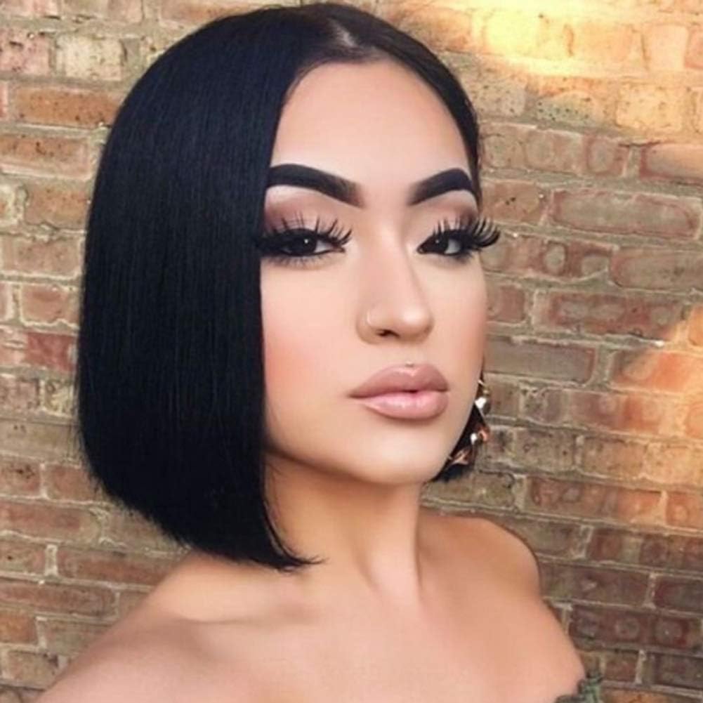 ATZHAIR Lace Wigs Brazilian Virgin Human Hair Glueless Cap Silky Straight Short Bob Wig with Baby Hair for African American Women 150% Density Natural Color 10-14 inches