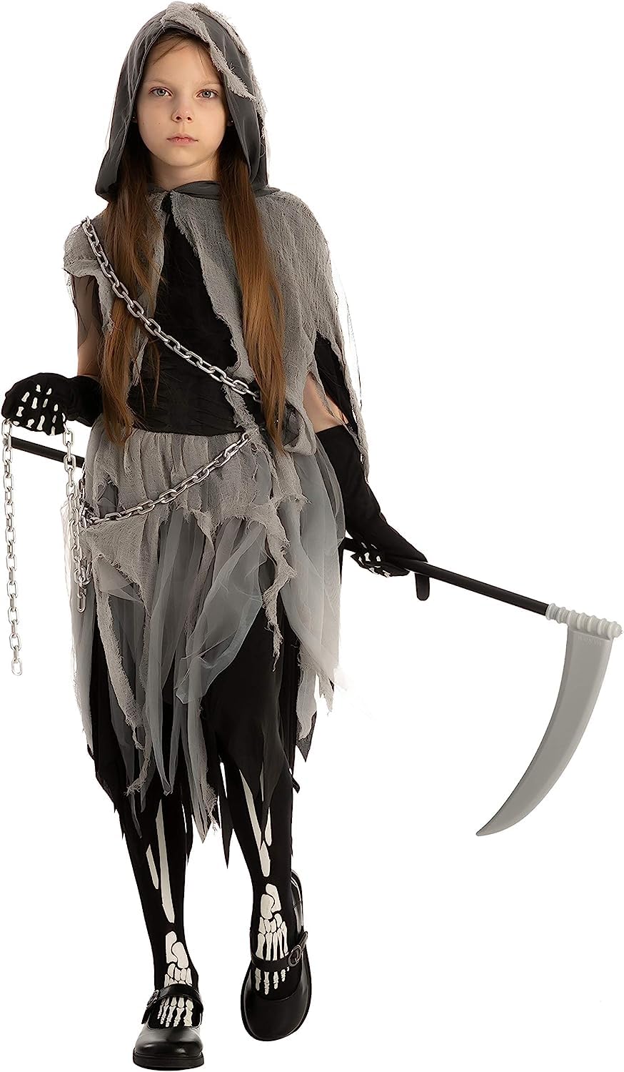 Spooktacular Creations Girl Grim Reaper Costume with Gloves and Tights Glow in the Dark, Scary Halloween Costume