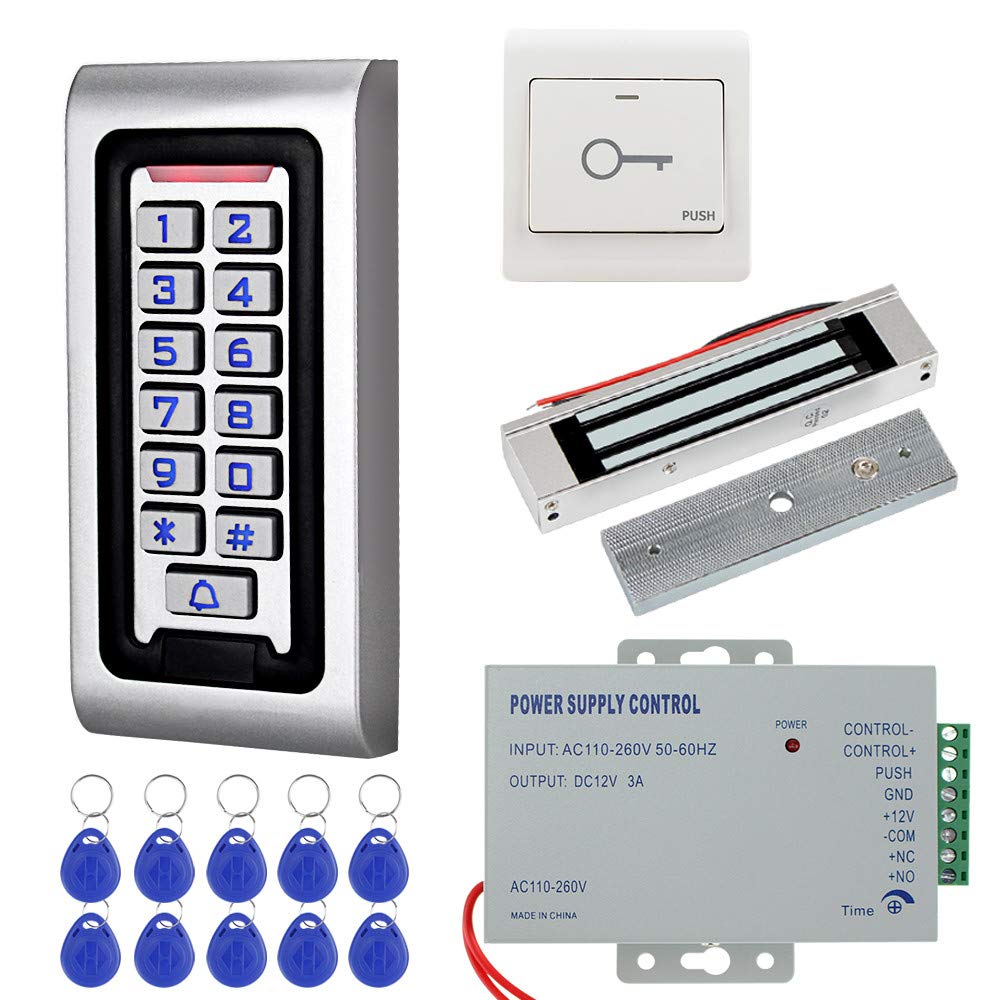 KDL RFID Access Control System Kit Waterproof Controller Keypad with 180kg/350lbs Electric Magnetic Lock, Door Exit Release, for Single Door Entry System