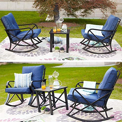 PatioFestival Conversation Furniture Set,5 Pcs Cushioned All Weather Metal Outdoor Furniture Sectional with Loveseat,2 Padded Rocking Chairs,Coffee Table,Bistro Table (5 PCs, Blue)