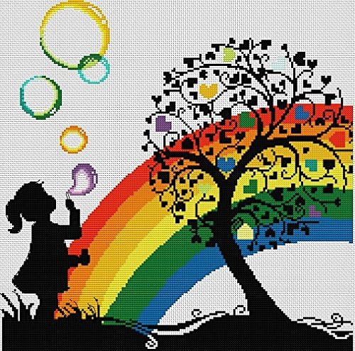 DIY Home Decor - Arts Crafts Needlepoints for Kids Beginners Starter Embroidery Kit Stamped Cross Stitch Kits Printed Cross-Stitch Patterns Rainbow Bubble Girl 20''x20''